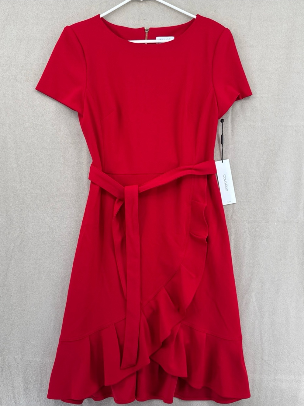 Calvin Klein Red Short-Sleeve Belted Ruffle Midi Dress